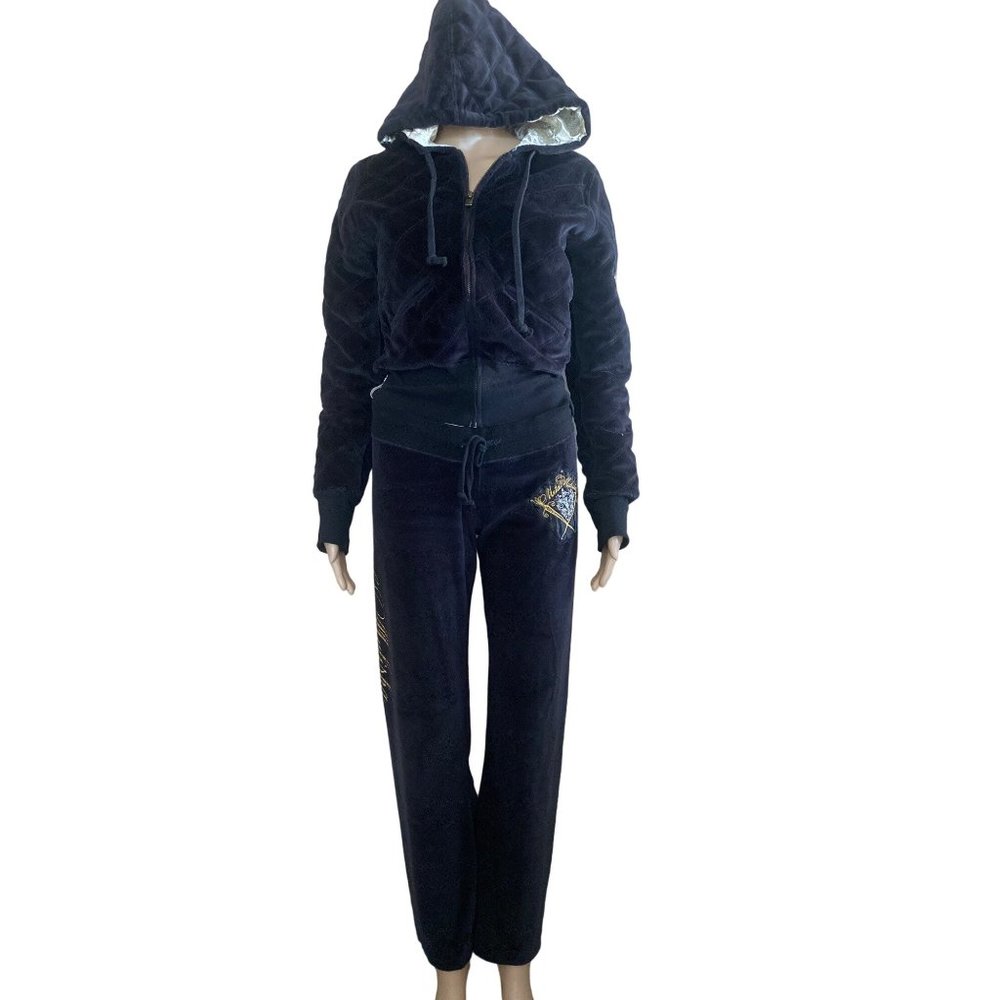 Metal Mulisha Women's 2 Piece Tracksuit Jacket & Pants Black Quilted Velour Sz M